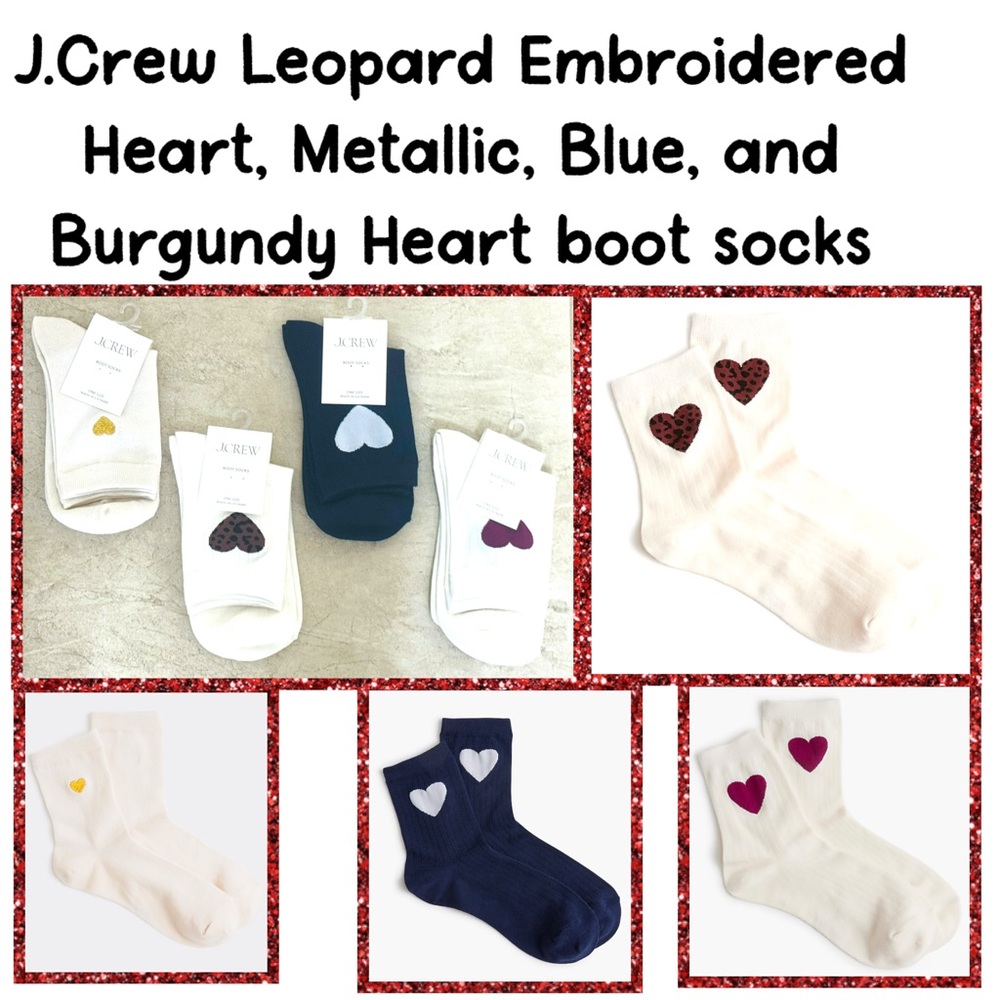J.Crew Leopard Embroidered Heart, Metallic, Blue, and Burgundy Heart boot socks